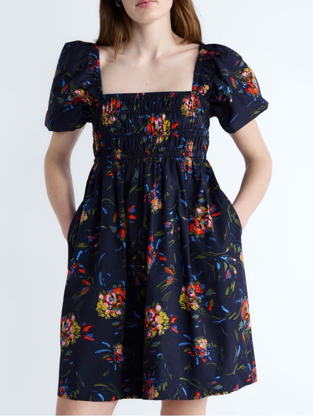 Navy Floral Smocked Square-Neck Dress